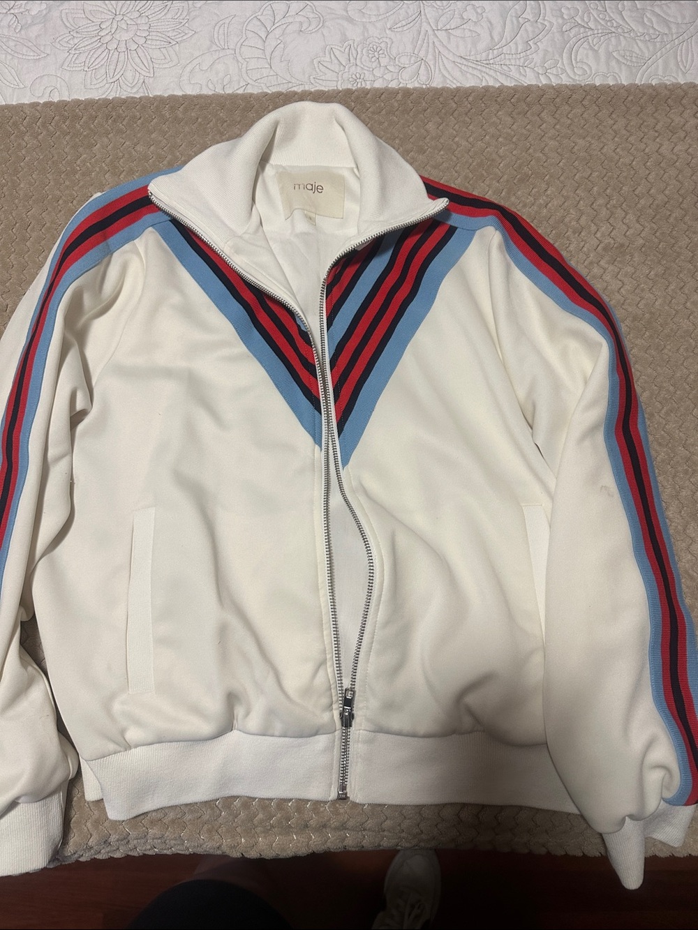 Maje Cream Track Jacket with Blue and Red Stripe Accents